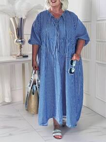 Plus Size Simple Fashion Casual Daily Striped Long-Sleeved Curve Collection Dress