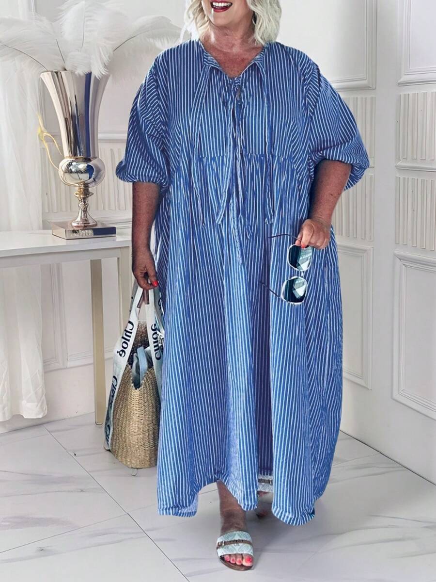 Plus Size Simple Fashion Casual Daily Striped Long-Sleeved Curve Collection Dress