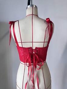 Apperloth A Vintage Floral Lace Tie Shoulder Lace Up Back Backless Boned Bustier Corset Shapewear Crop Top - 紅色 - 查看 2