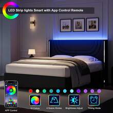 Bed Frame With LED Lights, Platform Bed Frame With Wingback Headboard, No Box Spring Needed, Twin/Full/Queen, Pink/Black/Beige - Black - View 5