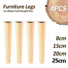 4-Piece Wooden Furniture Leg Set - Natural Wooden Chair Legs, Straight/Bevel Style, 4 Base Plates, 4 Non-Slip Pads And 16 Screws For Armchairs, Dressers, Sofas, Tables.