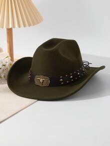 1pc Solid Color Casual Vintage Polyester (Polyester) Animal Shaped Cowboy Hat With Retro 3D Copper Bull Head Badge, Square Rivet, Round Rivet, Yellow Stone Element Leather Strap, American Western Wide Brim Cowboy Hat