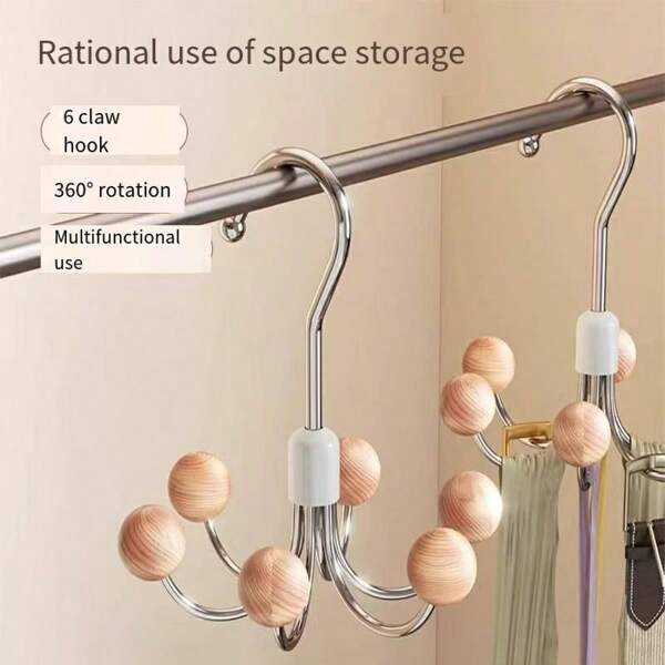 1pc Multifunctional Hook. Home Hanging Bag Rack, Bra Strap, Clothes Hanger, Wardrobe Storage Hook. Made Of High Manganese Steel + Real Wood Beads. Multiple Hooks Design With Rotation, Durable And Space-Saving, Used For Kitchen, Bedroom, Bathroom, Living Room Storage