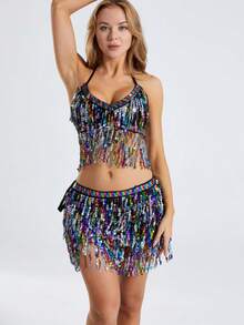 Colorful Sequined Tassel Halter Bra And Waist Chain Set - Belly Dance Stage Show And Nightclub Party - Multicolor - View 23