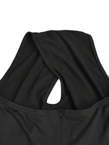 Elegant Satin Midi Dress With Cross V-Neck & Waist Tie Belt, Slimming Figure-Hugging Fit For Banquet And Date Night, Valentine's Day - Black - View 6