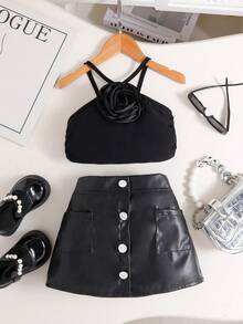 Girls' Summer Fashion Floral Decor Halter Top & Rose Button Skirt Set - Black - View 1