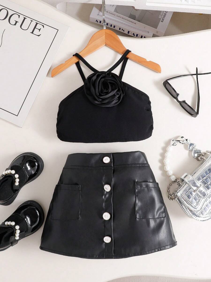 Girls' Summer Fashion Floral Decor Halter Top & Rose Button Skirt Set - Black - View 1