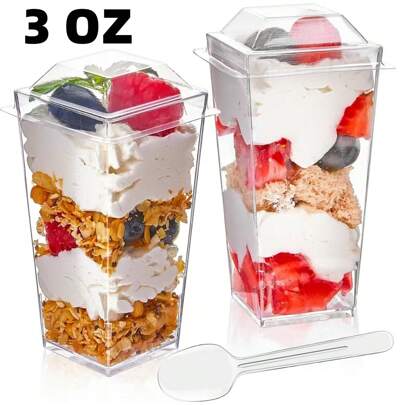 Juego de 50 tazas de postre mini de 3 onzas con tapas y cucharas, tazas de parfait (tazas para shooter de postre) transparentes para recepciones de bodas, yogurt, panna cotta, pastel de queso, pudín, Jell-O y mousse de aperitivo