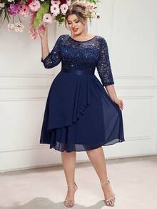 Plus Glitter Sequin Floral Lace Contrast Chiffon Ruffle Wrap Hem Elegant Prom Evening Party Swing Dress, Wedding Guest Dress, For Birthday, Graduation, Date Night - Navy Blue - View 9