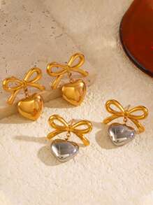 1 Pair Of 18K Gold Stainless Steel Contrast Color Bow-Knot & Heart Pendant Earrings For Women, Fashionable And Versatile, Suitable For Daily Wear, Party, Beach Holiday