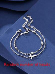 Nooxian 2pcs/Set Multi-Layer Silver Flattened Cross Chain With Copper Cross Pendant Decorated With Sparkling Cubic Zirconia, Layered Bracelet Jewelry Gift For Women (Random Bead Quantity) - Silver - View 4