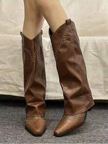 Women's Brown High Heel Boots, Vintage Rivet High-Leg Shaft Boots, French Style Versatile Western Cowgirl Boots, Suitable For Petite - Brown - View 5