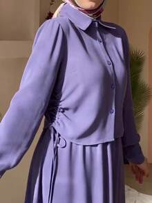 时尚女士休闲抽绳衬衫连衣裙套装，尽显高贵优雅的春季风情 - 紫色 - 查看 7
