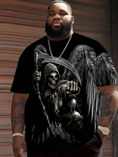 Camiseta con estampado de alas para hombres de talla grande, estilo oscuro único, manga corta de talla grande