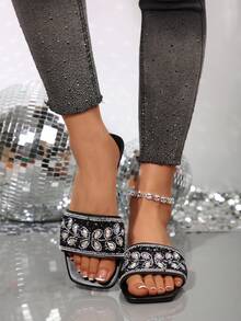 Plus Size 41 Women's Flat Slippers With Embossed Pattern, Square Toe Spring/Summer New, Fashionable Rhinestone Sandals, Suitable To Pair With Dresses To Look Taller - Black - View 3