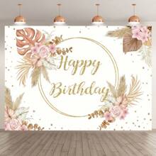 A Piece Of Birthday Background Boho Pampas Floral Gold Dot Background Party Decoration Banner For Theme Decoration, Birthday Party Decoration, Indoor And Outdoor Decoration Background Wall