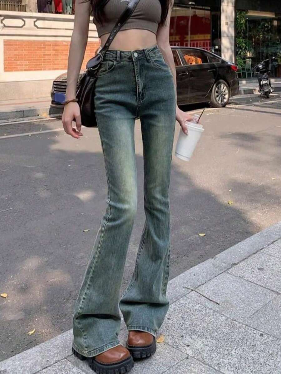 Women's Casual Washed Distressed Slim Fit Flare Pants, With Button And Zipper Details, Mid-Stretch Fabric, Creating A Decadent Style For Autumn Fall - Retro Blue - View 1