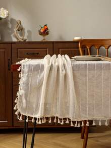 1pc Thickened Striped Linen Tablecloth With Tassels, Countryside Style Decor - Beige - View 6