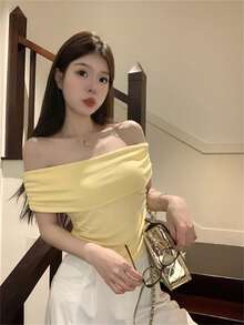 RUIWY 女式褶皱腰短袖纯色 T 恤，露肩独特短款针织上衣，春夏 - 黃色 - 查看 7
