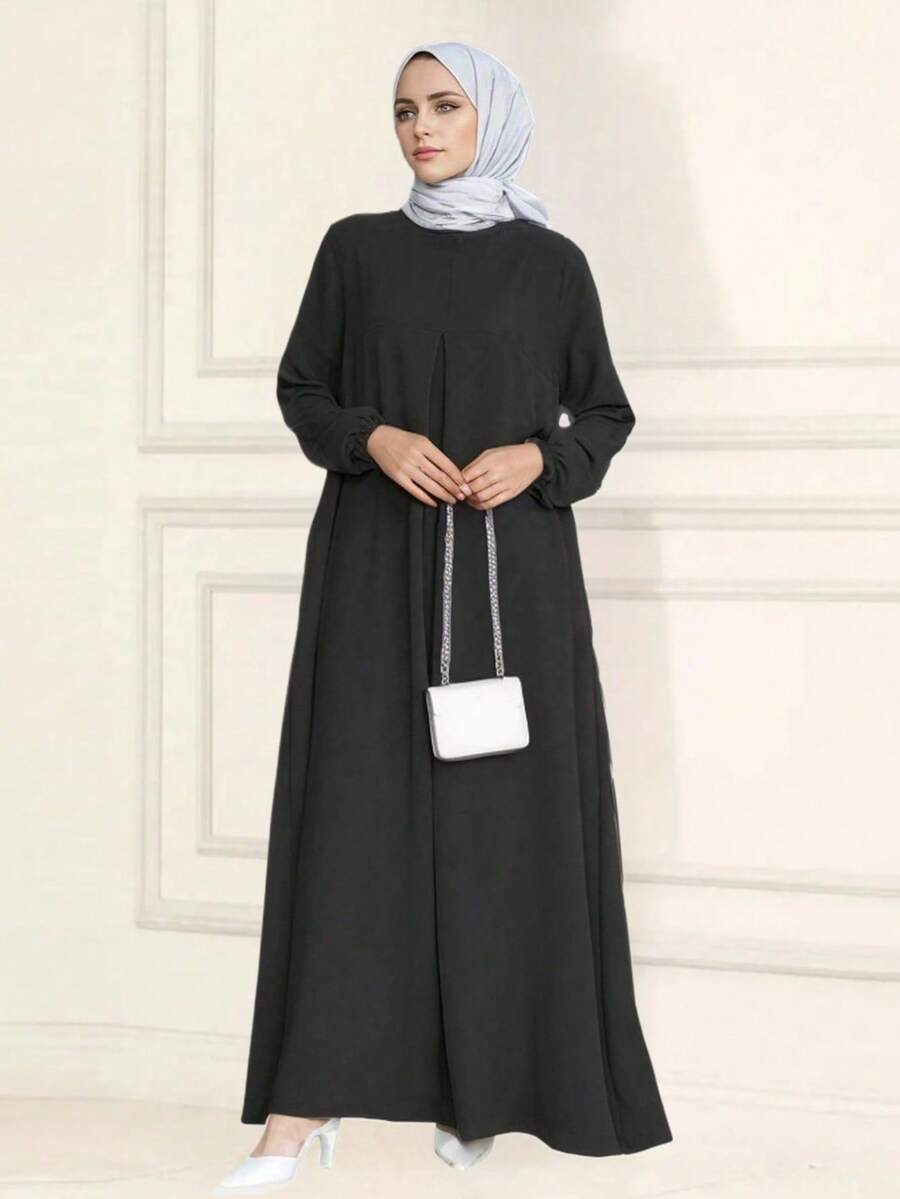 GDfashion 女士黑色宽松长款褶皱泡泡袖伊斯兰休闲连衣裙 春季