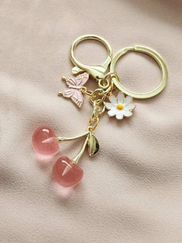 1 pieza Llavero de joyería con cerezas brillantes simuladas para mujeres, accesorio decorativo exquisito de 3D con fruta, mariposa y flor de moda para bolso, teléfono, llaves de coche, accesorios de coche, dije de bolso, escuela, fruta