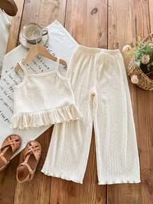 2pcs/Set Young Girl Casual Camisole And Wide-Leg Pants Set, Suitable For Party, Leisure, Holiday And Daily Wear, Summer - Apricot - View 2