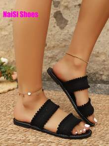 女士休闲圆头编织一脚蹬平底凉鞋，系带简约平底凉鞋，舒适适合旅行、海滩、夏季、白色、棕色、黑色、豹纹、碎花