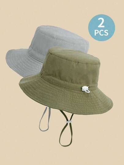 2 件儿童纯色印花可调节防晒透气渔夫帽，适合日常使用和户外活动