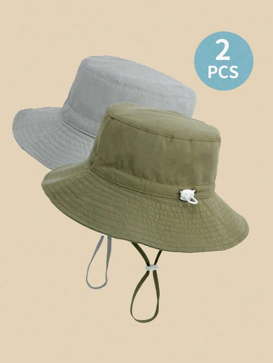2pcs Children's Solid Color Print Adjustable Sun Ion Breathable Bucket Hats, Suitable For Daily Use And Outdoor Activities - Multicolor - View 1