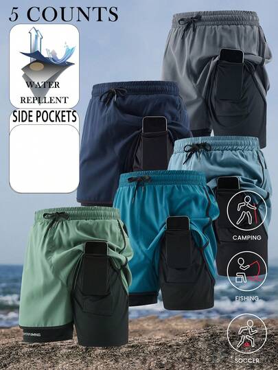 Set de 5 pantalones cortos de verano nuevos de talla grande para hombre, de 2 en 1, informales, de secado rápido, de seda helada y de longitud hasta la rodilla, de marca de moda