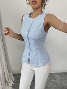 Women's Casual Striped Front Button Top, Summertime - Blue - View 3