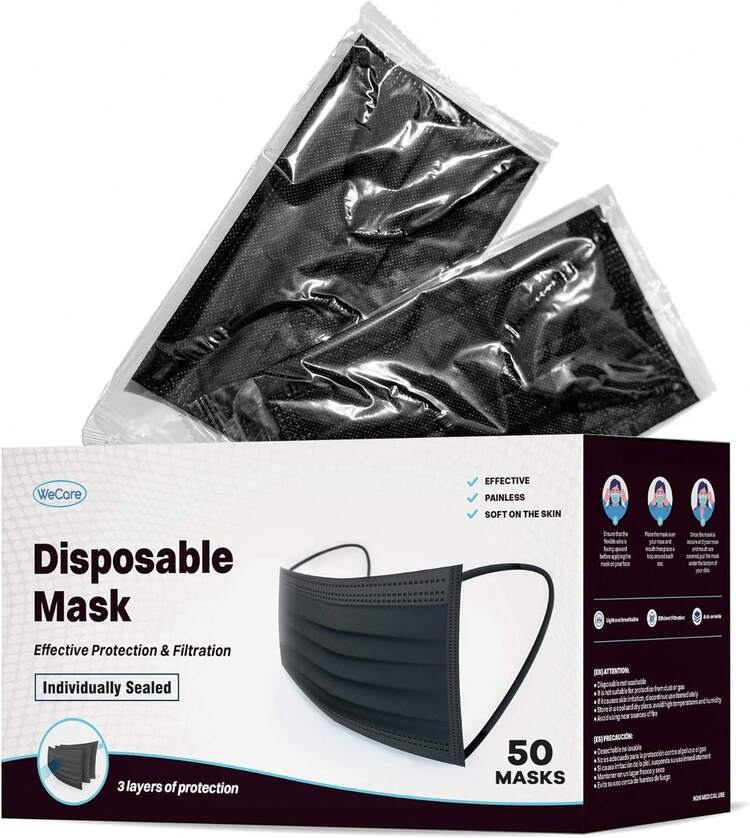 100pcs Black Disposable Mask, Three Layers Of Protection, Light And Breathable, Suitable For A Variety Of Occasions. - 100pcs - 查看 1