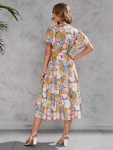 Vestido Largo Con Estampado De Flores Para Mujer,Vestido De Verano Con Escote En V Profundo y Manga Con Volantes - Amarillo - Ver 2