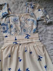 Women's Long Dress With Short Sleeves And Print - Cream - View 3