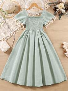 青少年女孩复古花卉印花流苏下摆连衣裙