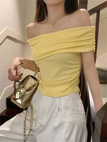 RUIWY 女式褶皱腰短袖纯色 T 恤，露肩独特短款针织上衣，春夏 - 黃色 - 查看 6