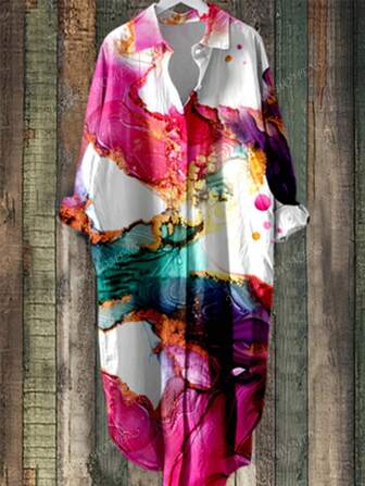 Women's Clothing, Full Body Colorful Printed Button Up Long Shirt, Suitable For Women's Tops In Spring And Summer