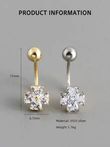Single One S925 Sterling Silver Four-Clover Minimally Designed Navel Nail, Women's Puncture, Cubic Zirconia Geometric Zirconia Navel Buckle For Women,The Best Gift For Girlfriend, Mother, Sisters