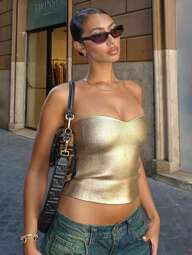 Women's Summer Tight Stretch Gold PU Tee Coated Fashionable Metal Tube Top, Suitable For Nightclub, Party, Everyday Wear, Music Festival And Concert