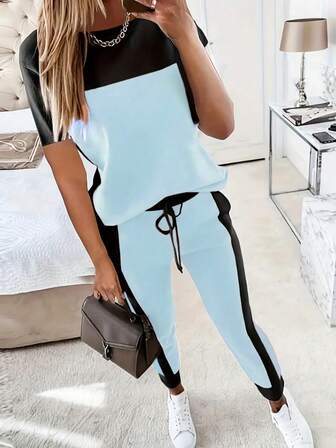 2 件套休闲拼色短袖圆领 T 恤和运动裤套装