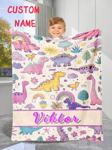1pc Custom Personalized Color Name Throw Blanket, Lovely Polychromatic Dinosaur With Blanket For Girl Boy Great Holiday Gift For Daughter,Son,Classmates, Friends,Super Soft Warm Gorgeous Cozy, For All Seasons, Suitable For Indoor, Camping, Air-Conditioned Room, Sofa, Living Room,Bedroom,Home,Halloween, Ideal Gift For Children's Day, Christmas, Birthday