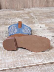 Women's Brown And Blue Thick Heeled Mid-Tube Western Boots Spliced ​​Embroidered Contrasting Short Boots Square Toe Mid-Heeled Knight Boots Autumn And Winter New Women's Color-Blocking Horse Boots - Brown - View 6