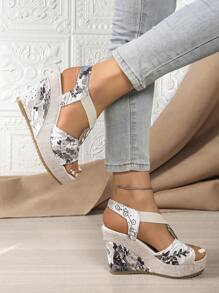 2024 New European Women Platform Wedge Sandals, Outdoor Versatile One-Strap Slides, Sexy Floral Print Beach Casual Slippers, Comfortable Open Toe Shoes, Green Floral Elevated Petite Shoes
