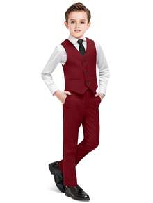 Red Young Boys Suits, 2 Pieces Suit, Vest, Pants, Tie, Bowknot - Burgundy - View 2