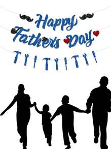 1pc Blue Glitter "Happy Father's Day" Banner With Beard, Wrench, Pipe And Top Hat Pattern, Party Decoration