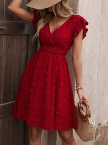 Women Solid Color V-Neck Dress, Fashionable For Summer - Red - View 1