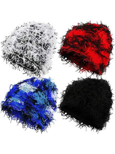 4pcs Distressed Knitted Beanie Fuzzy Winter Hats Thick Warm Beanies Snow Hats Skull For Men Outdoor Ski Knit Cap Fall Outfit