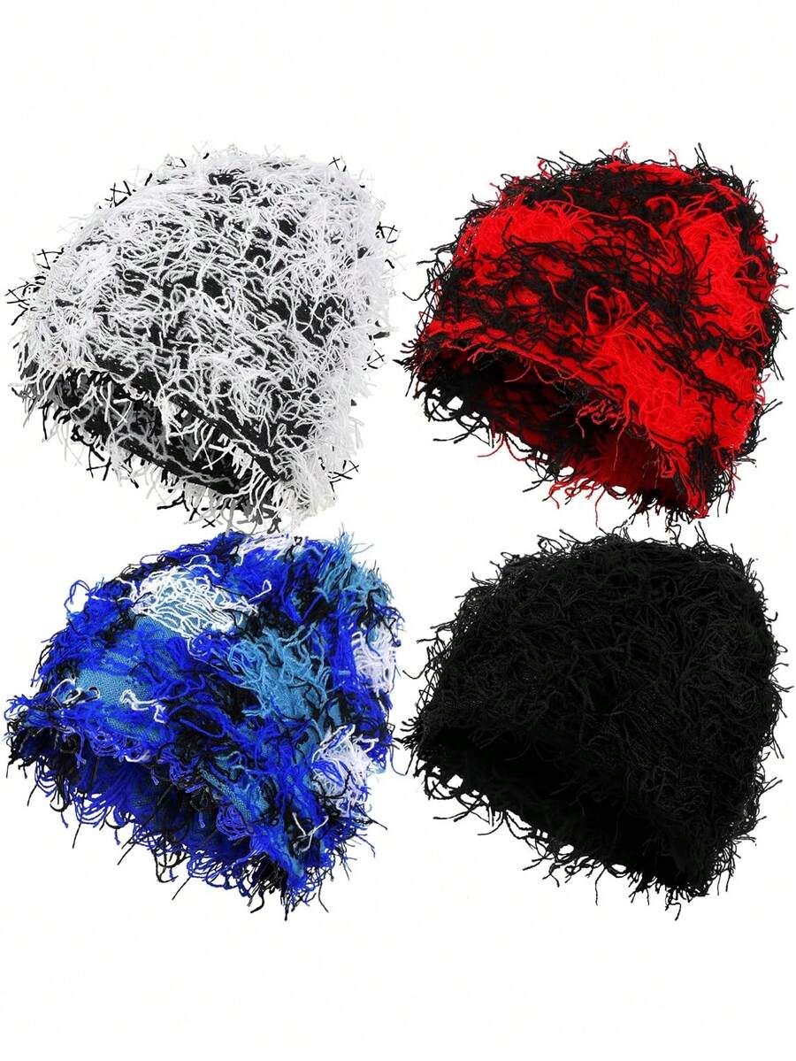 4 件套做旧针织毛绒帽子冬季厚款保暖毛线帽雪地帽骷髅头男士户外滑雪针织帽秋季装备