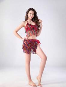 Colorful Sequined Tassel Halter Bra And Waist Chain Set - Belly Dance Stage Show And Nightclub Party - Multicolor - View 20