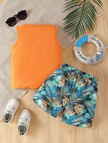 Conjunto de top y pantalones cortos con estampado de plantas tropicales para niño para vacaciones en la playa - Rojo - Ver 2